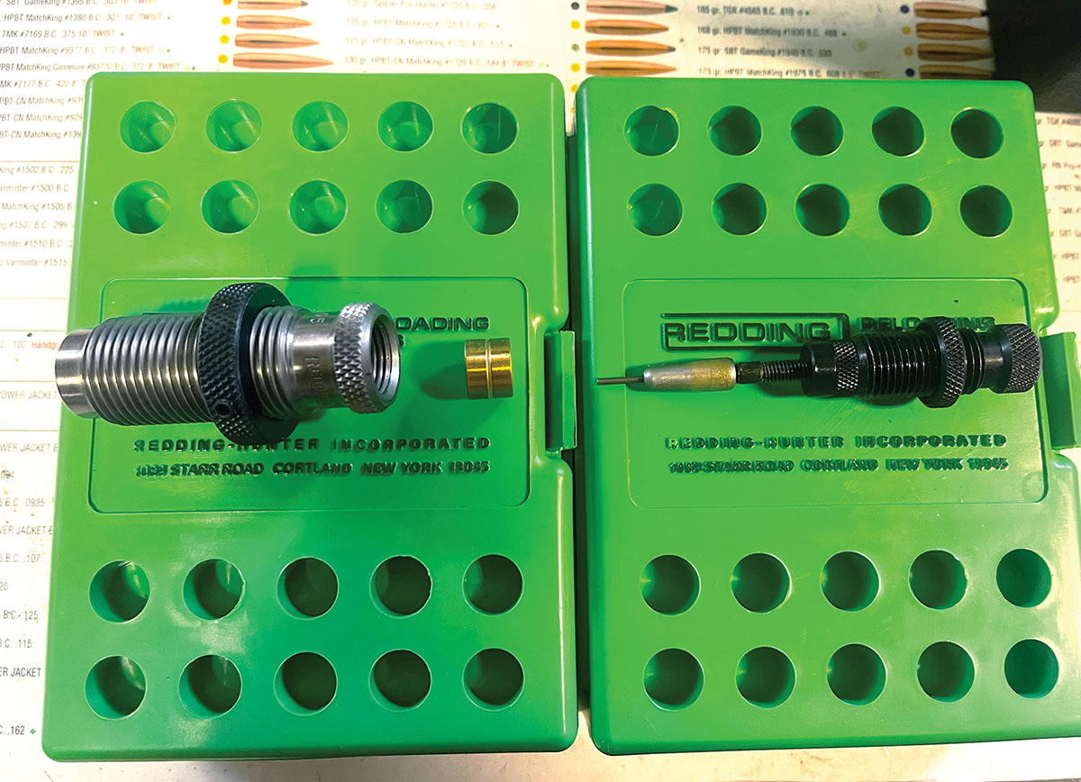 To form 28 York cases, Patrick used (left to right): a Redding 6.5 Grendel Type S Bushing Style full  Sizing Die, a .307 Titanium Nitride Bushing and replaced the standard expander ball with a tapered  style expander.